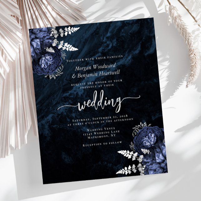 Convite de Casamento Floral Prata Azul Marinho Orç (Criador carregado)