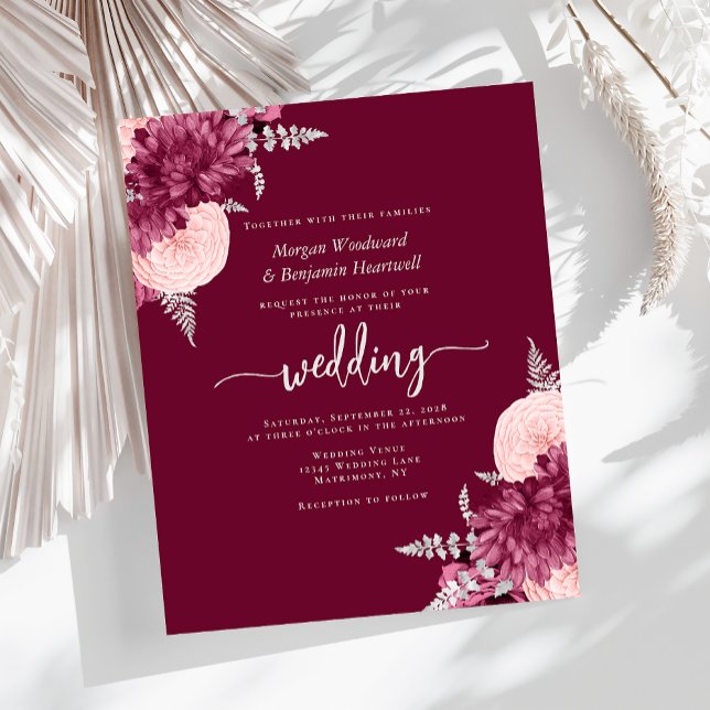 Convite de Casamento Floral Prata com Toque de Bor (Criador carregado)