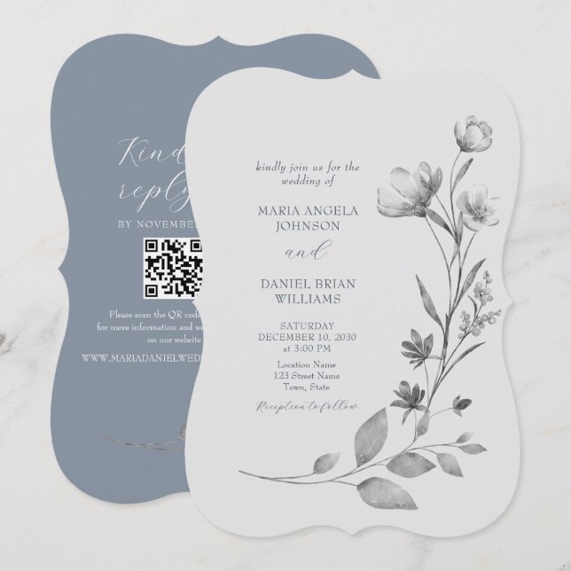 Convite de Casamento Floral Prata Rústico (Frente/Verso)