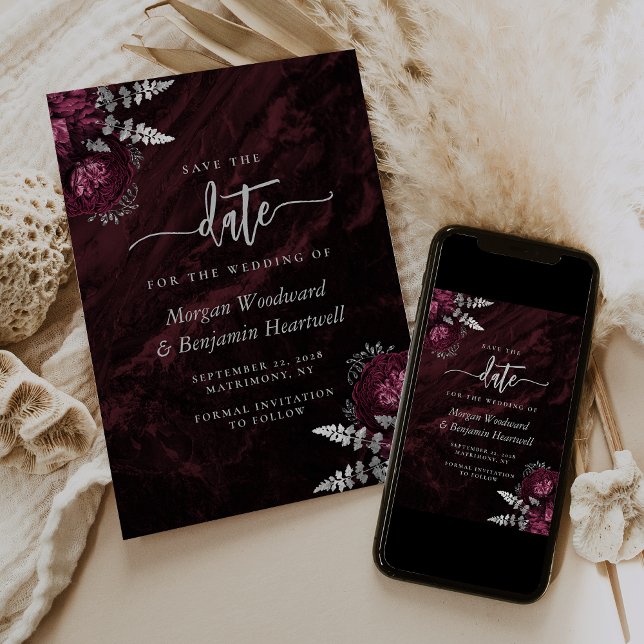 Convite de casamento floral prateado e burgundy el (Criador carregado)
