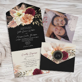 Convite de Casamento Floral Preto Borgonha Tudo em