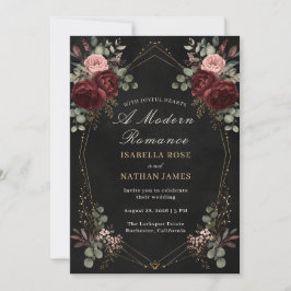 Convite de Casamento Floral Preto Burgundy Dourado
