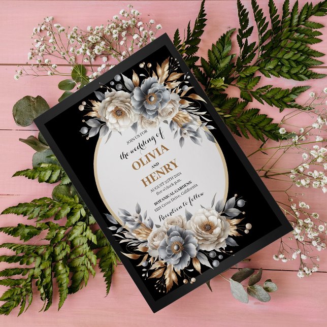Convite de Casamento Floral Preto Dourado Elegante (Elegant Black Gold Floral Wedding Invitation)