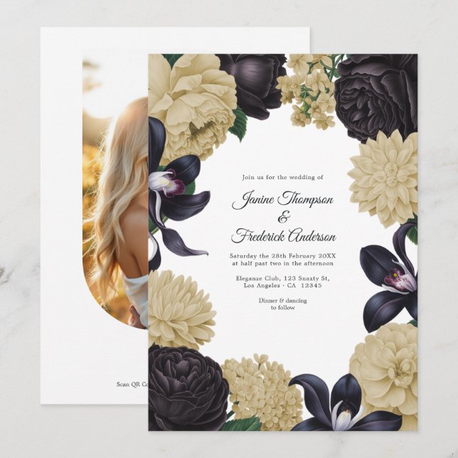 Convite de Casamento Floral Preto e Champagne com  (Frente/Verso)