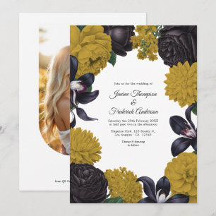 Convite de Casamento Floral Preto e Dourado com Có