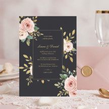 Convite de Casamento Floral Preto e Dourado Elegan