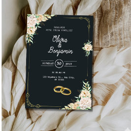 Convite de Casamento Floral Preto e Dourado Elegan