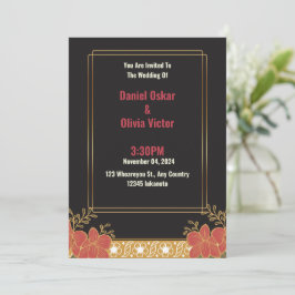 Convite de Casamento Floral Preto e Dourado Elegan