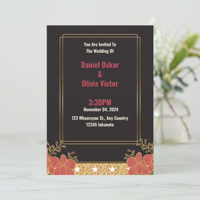 Convite de Casamento Floral Preto e Dourado Elegan (Em pé/Frente)