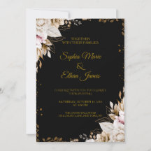 Convite de Casamento Floral Preto e Dourado Elegan