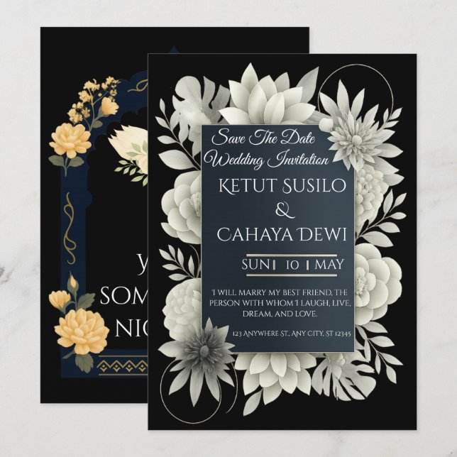 Convite de Casamento Floral Preto e Marfim Elegant (Frente/Verso)