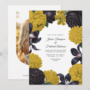 Convite de Casamento Floral Preto e Mostarda com C