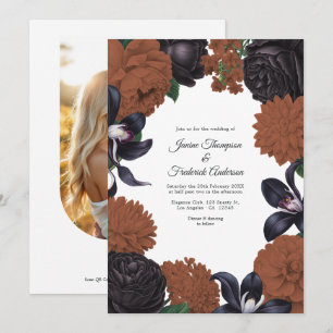 Convite de Casamento Floral Preto e Terracota com 