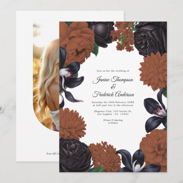 Convite de Casamento Floral Preto e Terracota com  (Frente/Verso)