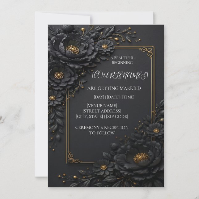 Convite de casamento floral preto elegante (Frente)
