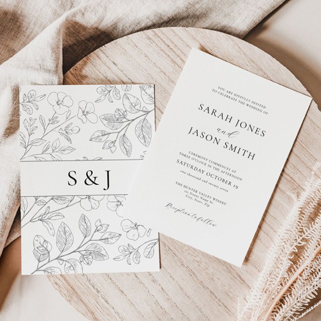 Convite de Casamento Floral Preto Minimalista (Criador carregado)