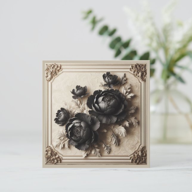 Convite de Casamento Floral Preto Moderno (Em pé/Frente)