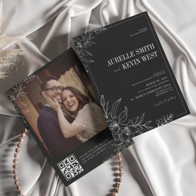 Convite de Casamento Floral Preto Rústico Elegante (Criador carregado)