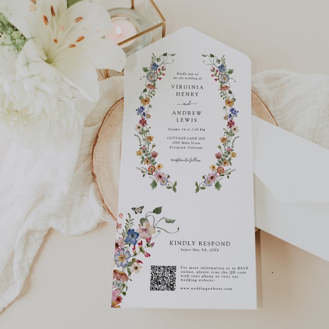 Convite de Casamento Floral QR Code Tudo em Um (Colorful Floral QR Code Wedding All In One Invite by Painted Paperie
)