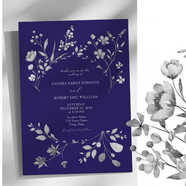 Convite de casamento Floral Real Azul Prata (Criador carregado)
