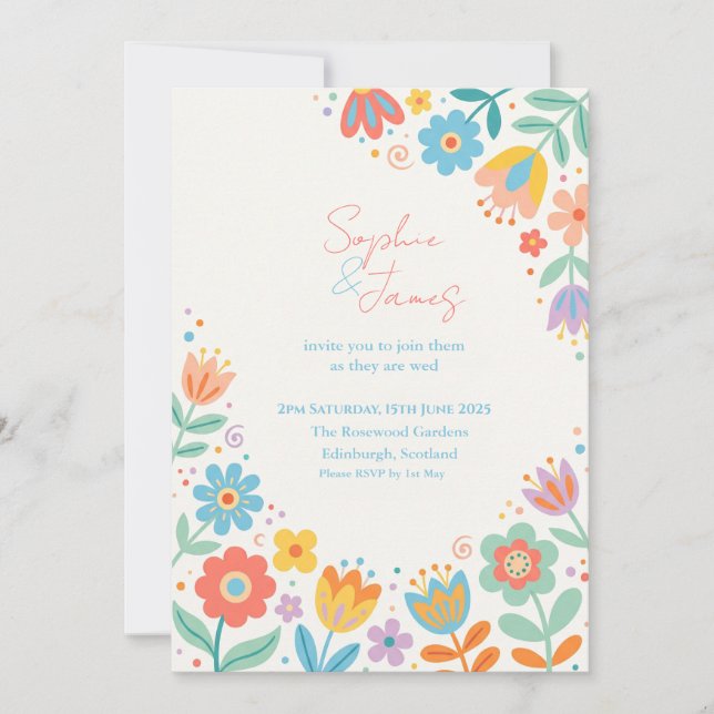 Convite de Casamento Floral Retro Colorido (Frente)