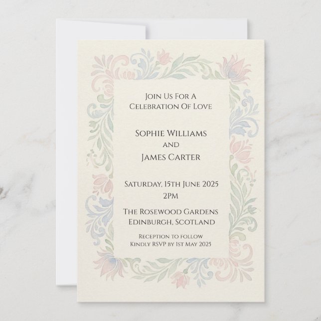 Convite de Casamento Floral Rolo Pastel (Frente)