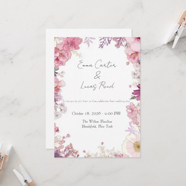 Convite de Casamento Floral Romântico (Frente/Verso In Situ)