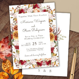 Convite de Casamento Floral Romântico Bege Borgonh