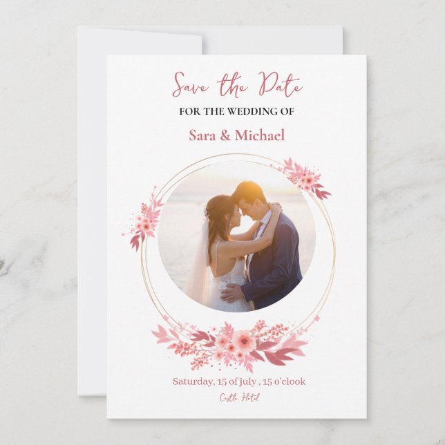 Convite de Casamento Floral Romântico com Foto (Frente)