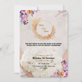 Convite de Casamento Floral Romântico Dourado