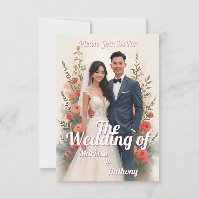 Convite de casamento floral romântico estilo vinta (Frente)