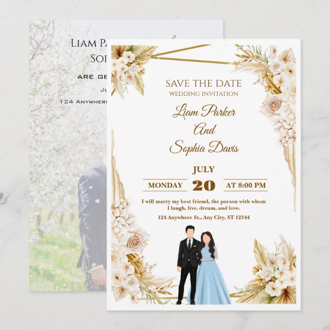 Convite de Casamento Floral Romântico Jardim Bege (Frente/Verso)