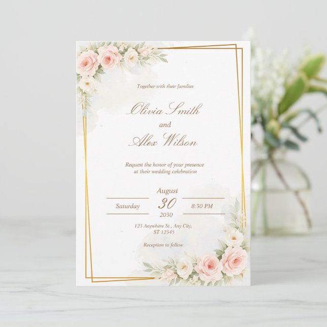 Convite de Casamento Floral Romântico Poeira Rosa (Em pé/Frente)