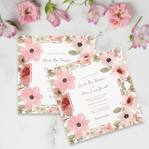 Convite de Casamento Floral Romântico Rosa Bege
