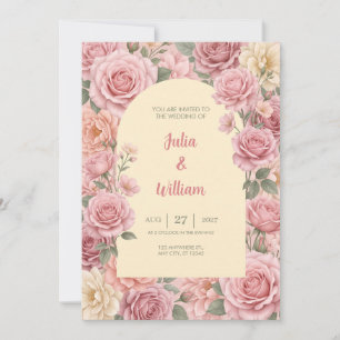 Convite de Casamento Floral Romântico Rosa Bege