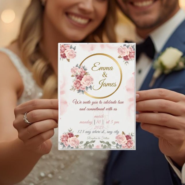 Convite de Casamento Floral Romântico | Rosa e Dou (Criador carregado)