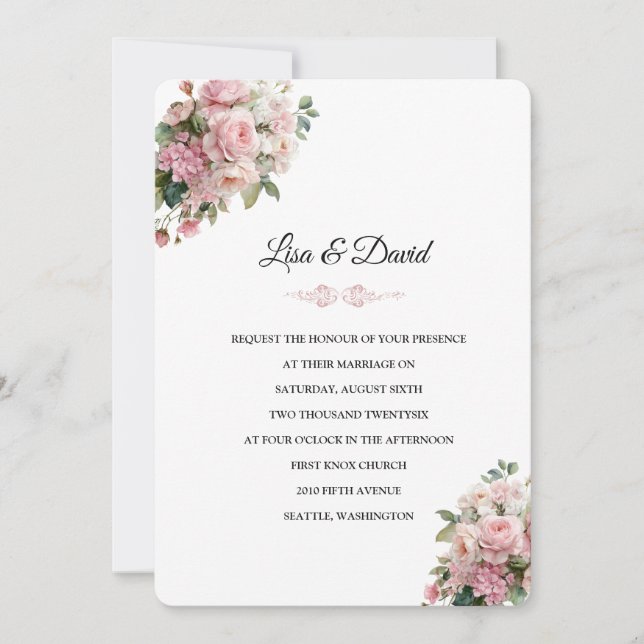 Convite de Casamento Floral Rosa (Frente)