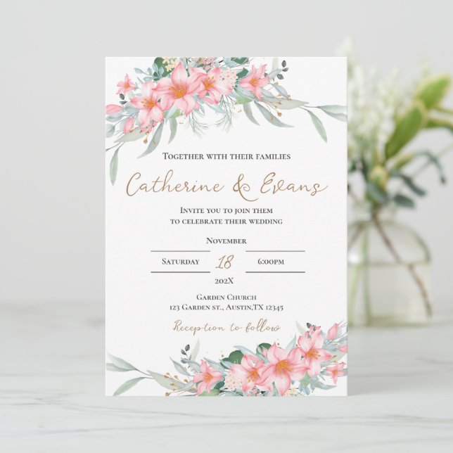 Convite de Casamento FLoral Rosa (Em pé/Frente)