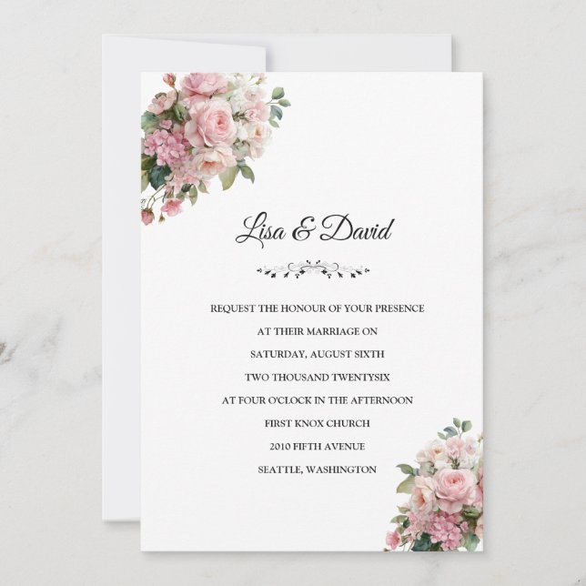 Convite de Casamento Floral Rosa (Frente)
