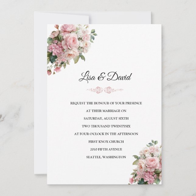 Convite de Casamento Floral Rosa (Frente)