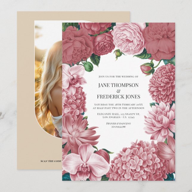 Convite de Casamento Floral Rosa Argila, Terra Ros (Frente/Verso)