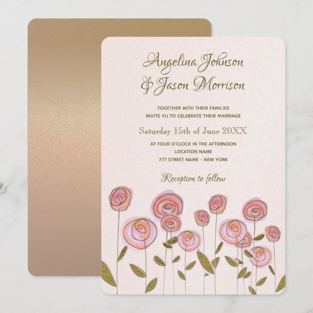 Convite de Casamento Floral Rosa Artsy (Frente/Verso)