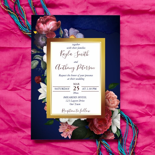 convite de casamento floral rosa azul-burlu marinh (Criador carregado)