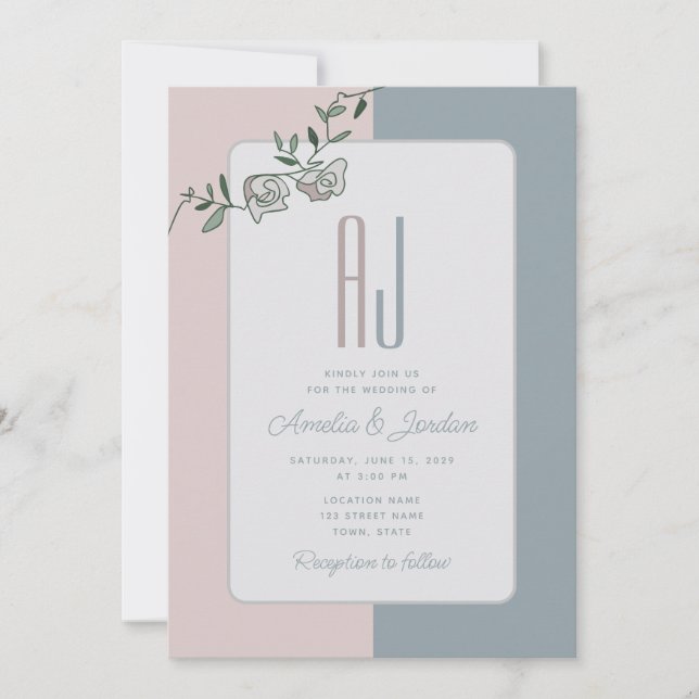 Convite de Casamento Floral Rosa Azul Elegante (Frente)