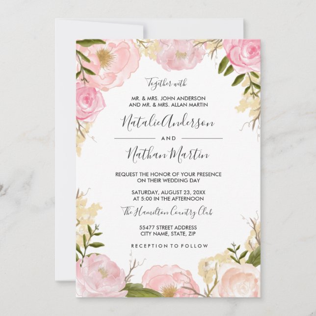 Convite de Casamento Floral Rosa Bege (Frente)