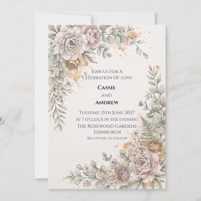 Convite de Casamento Floral Rosa Bege (Frente)