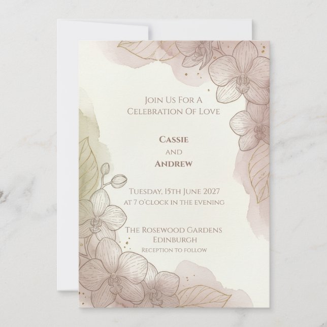 Convite de Casamento Floral Rosa Bege (Frente)