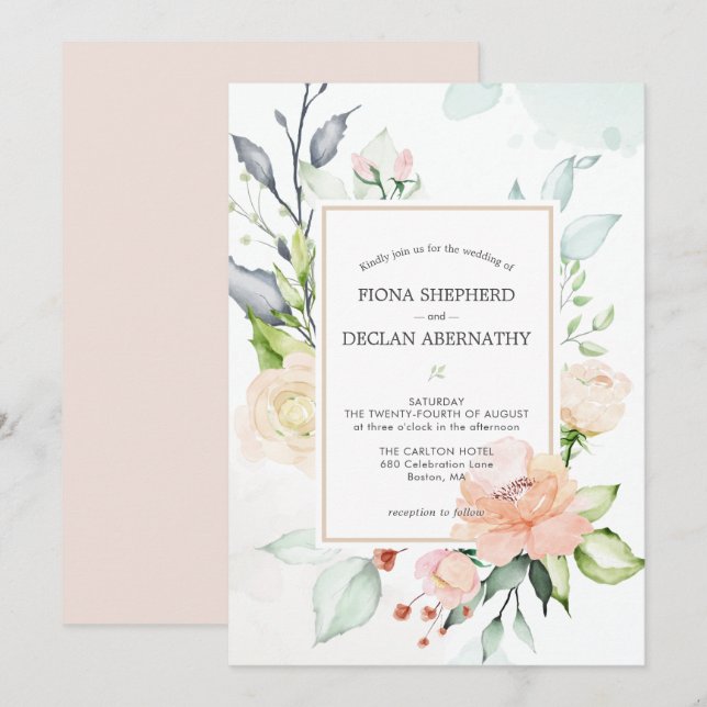 Convite de Casamento Floral Rosa Bege Aquarela Ele (Frente/Verso)