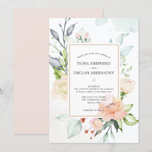 Convite de Casamento Floral Rosa Bege Aquarela Ele