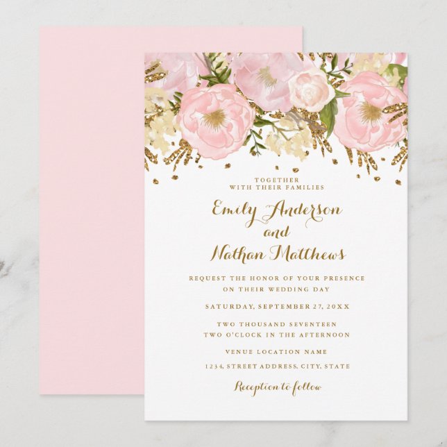 Convite de Casamento Floral Rosa Bege Dourado Boni (Frente/Verso)
